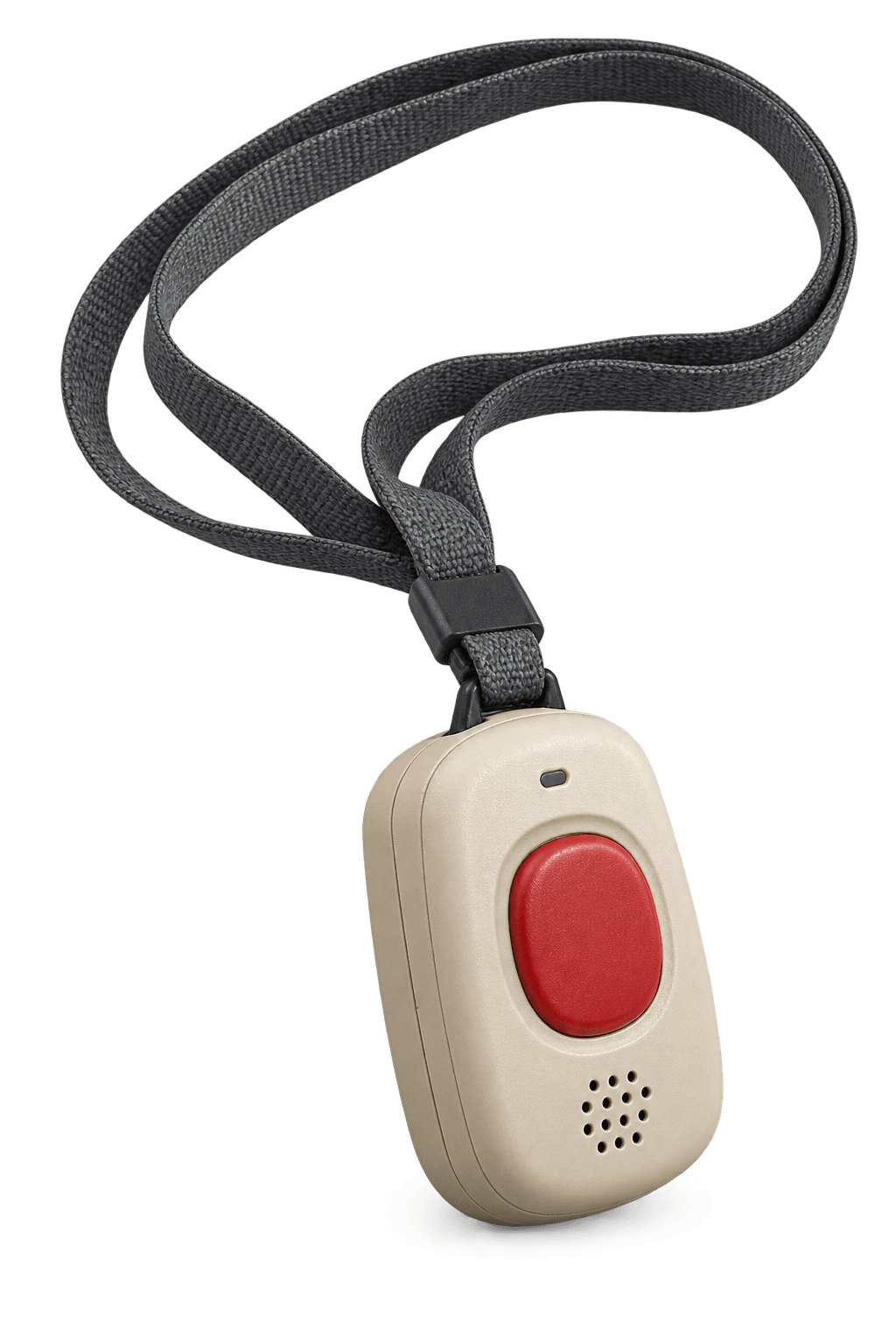 Illustration of a generic bulky fall-alert pendant with a red help button and neck cord